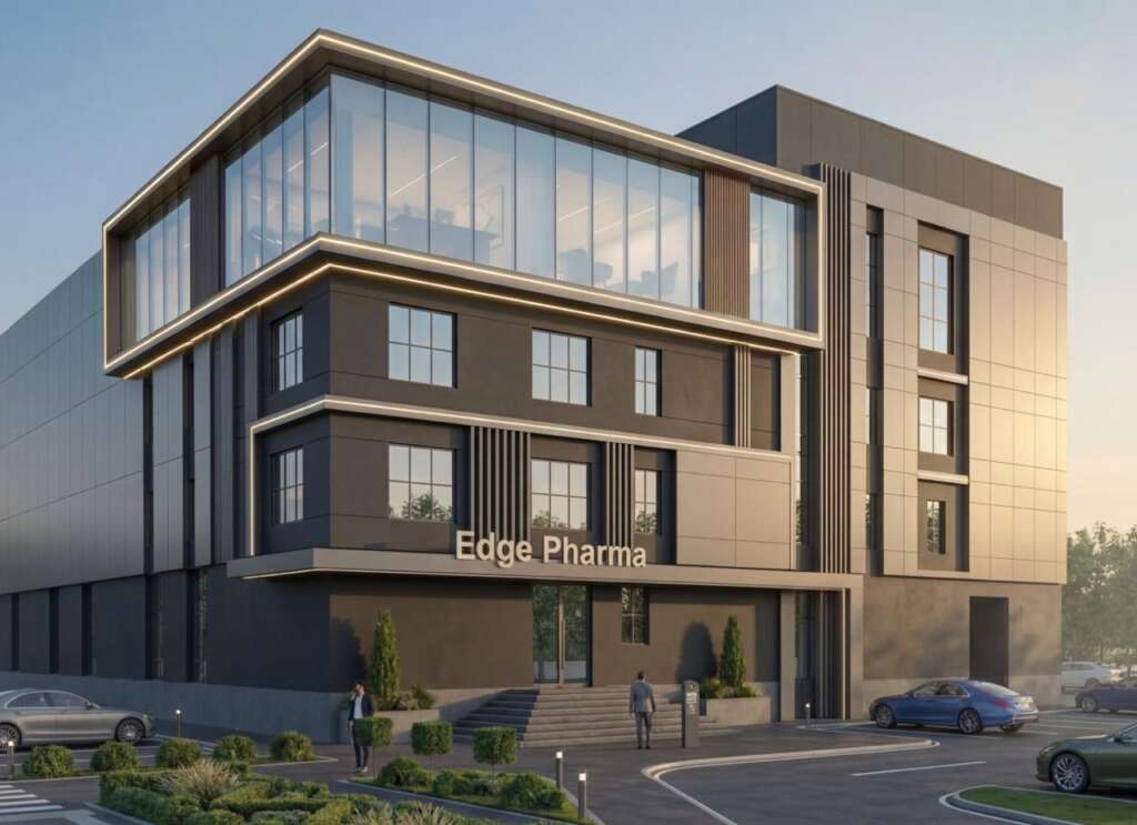 Edge Pharma's headquarters at dusk — watch our company video